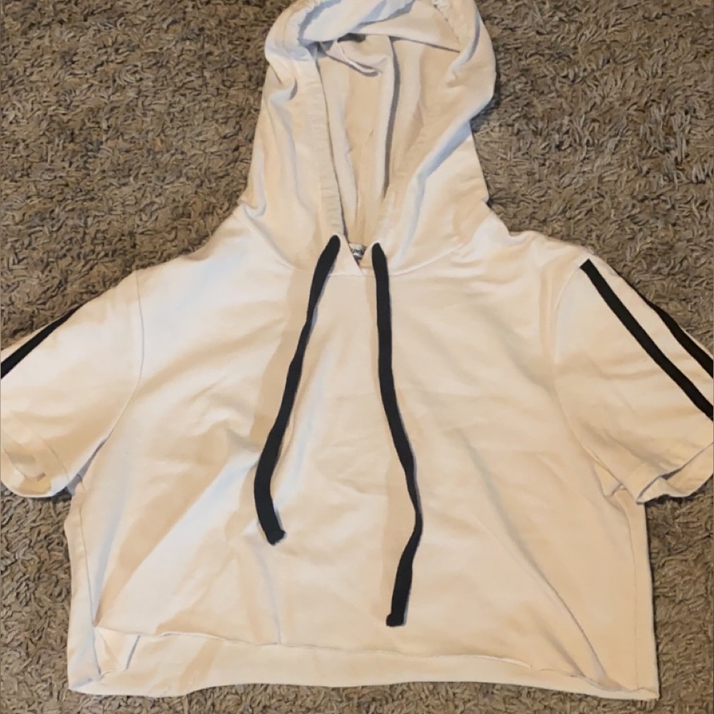 Papaya Drawstring Hooded T-Shirt| Small| White with Black Stripes on Sleeves